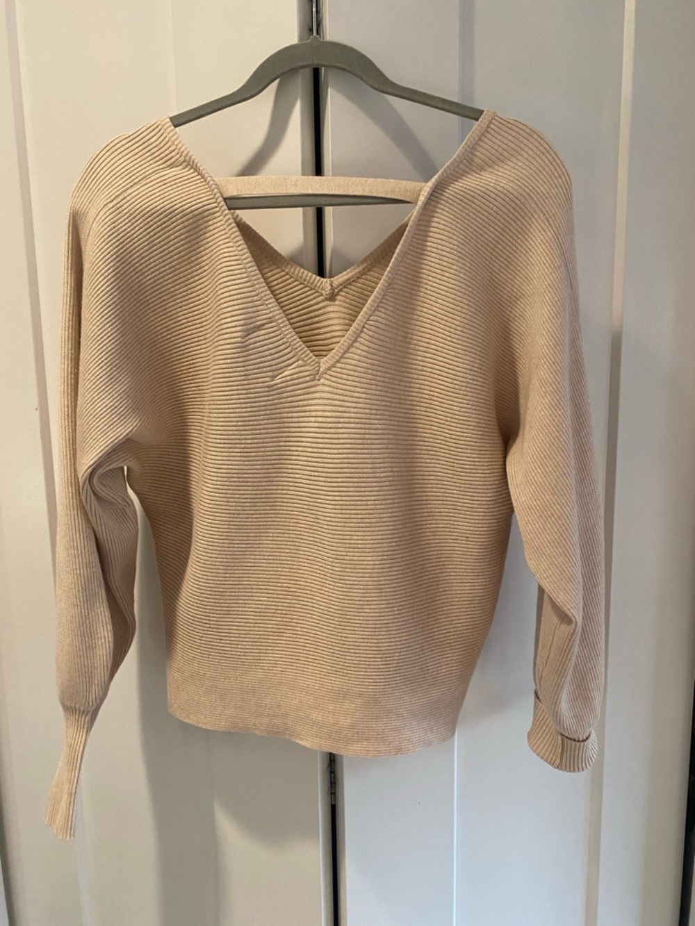 Pink Rose Cream Ribbed V-Neck Sweater - Picture 2 of 7